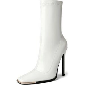 Women's White Mid Calf Comfy Square Closed Toe Heel Zipper Short Ankle Boots